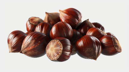 Obraz premium A simple, elegant still-life shot of a small, inviting pile of fresh, glossy brown chestnuts with their unique striped shells, captured against a clean white background.