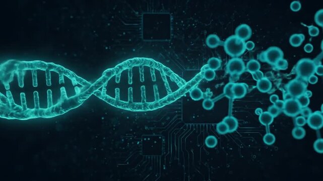 Glowing dna strand and molecular structure with circuit board background view - Powered by Adobe