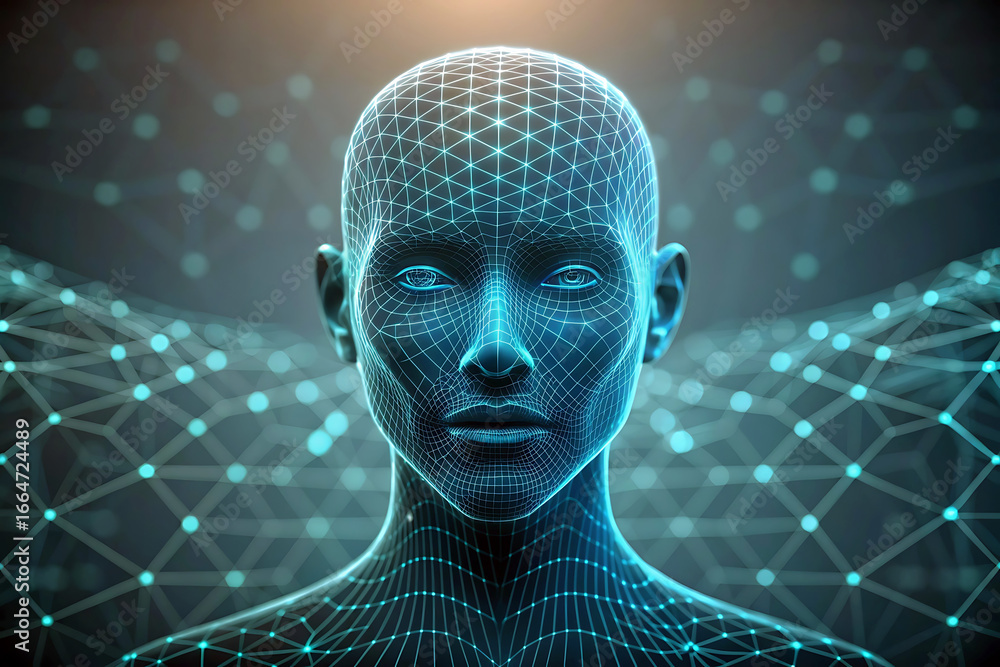 Aufkleber artificial intelligence network connecting human form with futuristic technology and digital data ex