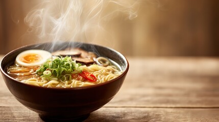 Hot Steaming Noodle Bowl with Egg and Green Onions on Wooden Table