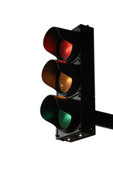 Vertical traffic light with illuminated red signal, yellow and green lights off, black housing, isolated on transparent background.
