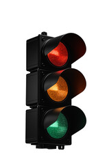 Vertical traffic light with illuminated red signal, yellow and green lights off, black housing, isolated on transparent background.