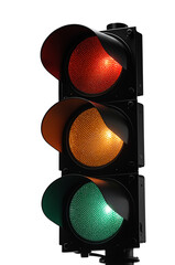 Vertical traffic light with illuminated red signal, yellow and green lights off, black housing, isolated on transparent background.