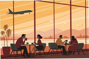 Fototapeta premium Passengers enjoy drinks and snacks inside a bustling airport cafe.