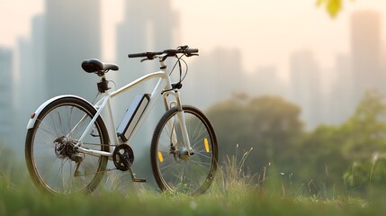 White Electric Bicycle in Urban Landscape at Sunset Light