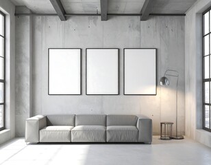 Industrial Loft Interior Mockup: Grey Sofa, Concrete Walls, Blank Canvases
