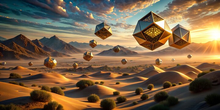A mesmerizing desert landscape at sunset, featuring golden geometric spheres floating above the dunes, creating a surreal and futuristic scene that sparks imagination and wonder