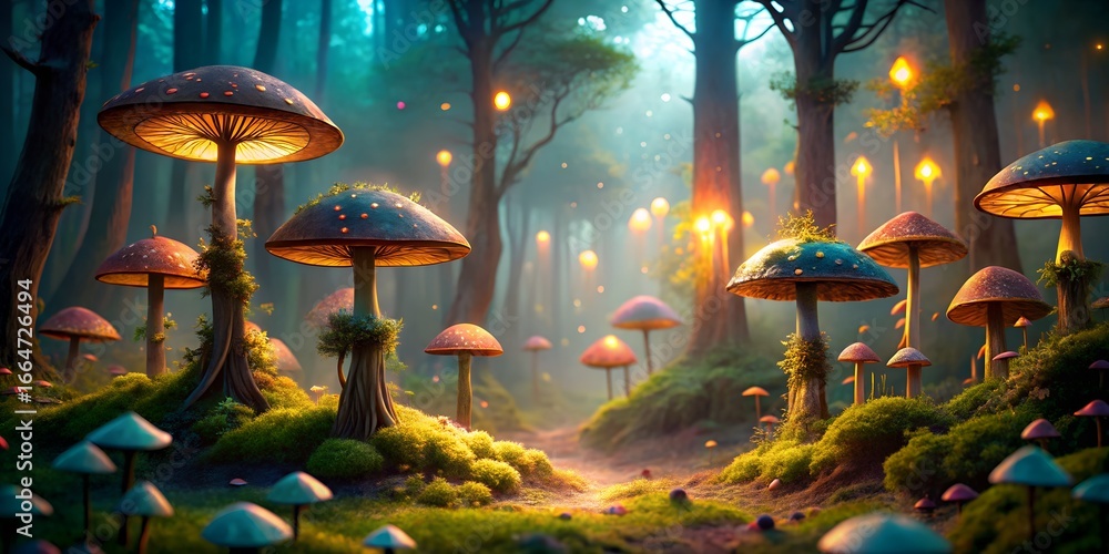 Poster enchanted forest landscape featuring glowing mushrooms, creating a magical and mystical atmosphere, 