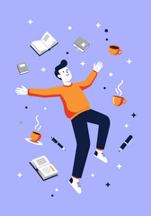 Fototapeta premium A creative concept of intellectual weightlessness, featuring a man floating among books and coffee. A digital art illustration about knowledge and inspiration