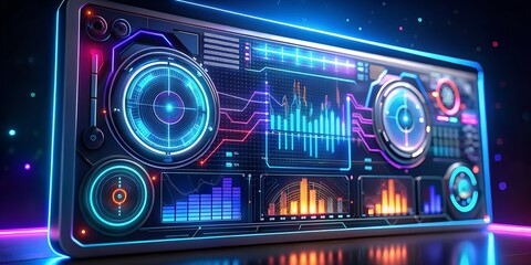 Futuristic digital interface with vibrant neon lights, displaying complex data and graphics, ideal for technologythemed designs and adding a modern, cyberpunk aesthetic to any project