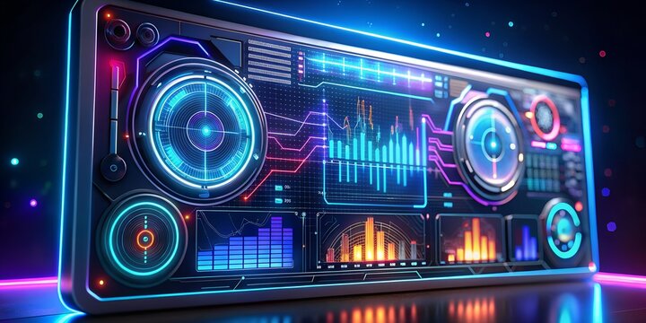 Futuristic digital interface with vibrant neon lights, displaying complex data and graphics, ideal for technologythemed designs and adding a modern, cyberpunk aesthetic to any project