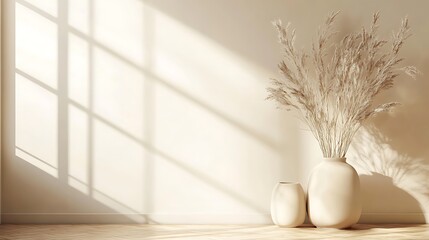 Beige room with sunlight and decorative grasses
