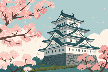 Japanese castle framed by beautiful cherry blossoms. © digital