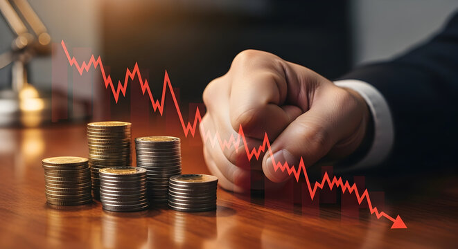 Downward Financial Trend — Businessman Reacting to Stock Market Crash with Falling Red Line and Declining Bar Chart