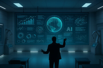 Artificial intelligence ai technology data analysis and machine learning in futuristic digital interface room