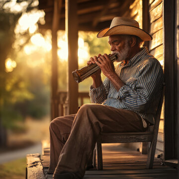 Man playing a harmonica on a rustic porch, folk music vibes, soft golden sunset, deeply expressive, traditional blues tones, cozy and nostalgic ambiance, high-quality stock photography concept. 