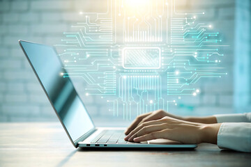 Data Science and Machine Learning Concept with Circuit Board Overlay on Laptop Computer Depicting Artificial Intelligence and Modern Technology Development