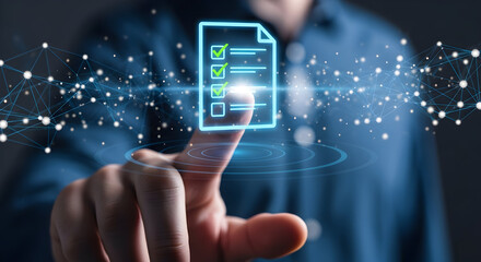 Touchscreen Data Menu Selection — Hand Pressing Floating App Icons with Digital Network Connections and UI Elements