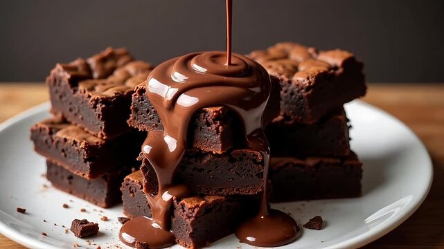 Decadent chocolate brownies with melted fudge sauce, rich cocoa dessert squares on white plate, pouring liquid chocolate over dark fudge brownies