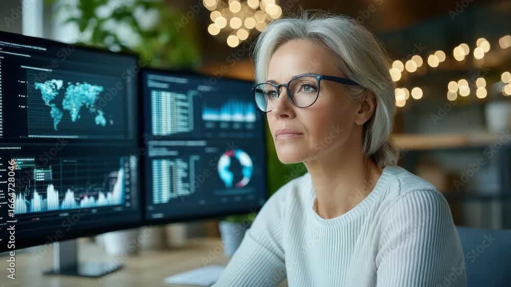 Poster professional woman analyzing data with technology modern office environment using computer screens