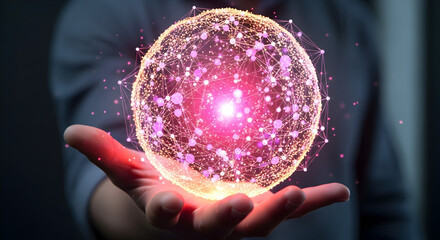 Futuristic Digital Sphere in Hand — Glowing Network Orb Representing Artificial Intelligence, Quantum Computing and Data Connectivity