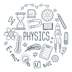 Hand drawn outline science elements poster.  Physics theory doodle elements and formulas in round shape
