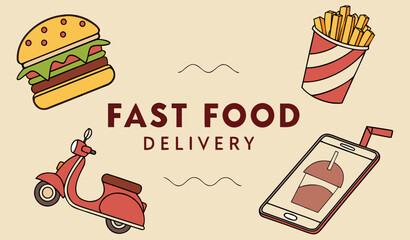 Illustration of fast food items including burger, hot dog, fries, and drink, with a scooter and phone on a beige background with a text "FAST FOOD DELIVERY", delivery concept. Vector illustration.