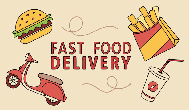 Illustration of fast food items including burger, hot dog, fries, and drink, with a scooter and phone on a beige background with a text "FAST FOOD DELIVERY", delivery concept. Vector illustration.