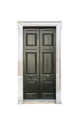 Classic Green Wooden Double Door with White Stone Frame on Transparent Background,png