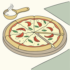 Delicious pizza with tomatoes, basil and cheese served on a wooden board illustration