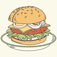 Hand drawn burger with cheese, onion, lettuce and tomato on a plate