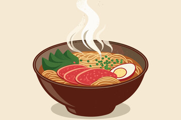Japanese ramen bowl with rising steam, flat and bold design.