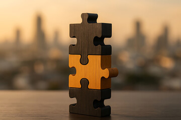 Puzzle pieces symbolizing teamwork and business connection with a city background
