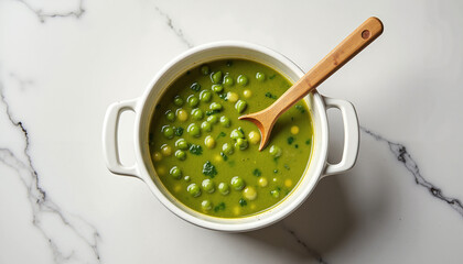 Wooden spoon stirring green pea soup in a pot on marble surface  