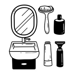 Minimilist illustration of a bathroom sink mirror with various personal care and hygiene products displayed nearby vector