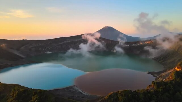 Volcanic Sunrise Breathtaking Aerial of Kelimutu Twin Crater Lakes.