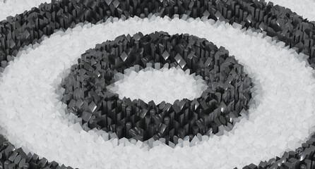 Abstract 3D render of concentric rings formed by cubes, creating a minimal geometric design pattern suitable for modern backgrounds, creative branding, digital art, and visual storytelling projects