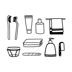 Minimilist illustration of bathroom essentials including toothbrushes towels and toiletries in black and white vector