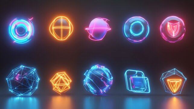 Colorful Neon Geometric Shapes and Glow Effects on Dark Background - Powered by Adobe