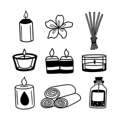 Minimilist collection of spa elements including candles flower incense towels and essential oil bottle in doodle style vector