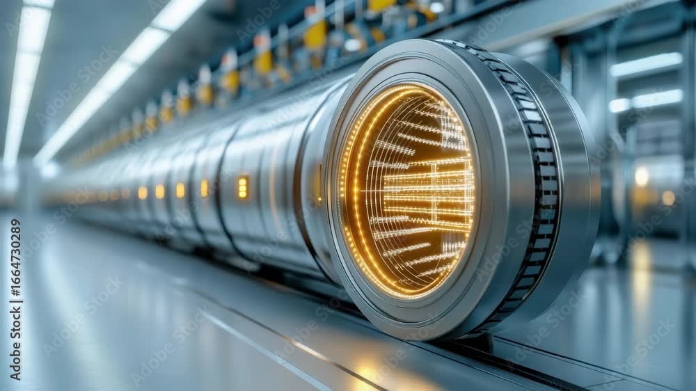 Poster futuristic technology with metallic design and illuminated elements in industrial setting