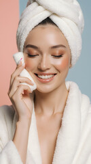 Smiling woman in towel using cotton pad, skincare and wellness