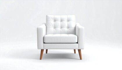 Fototapeta premium A stylish, minimalist white armchair with light wooden legs stands out against a plain white background.