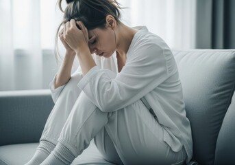 A woman sitting on a couch, expressing her sadness and grief with her hands covering her face