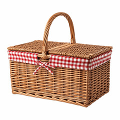 Empty Wicker Picnic Basket with Red and White Gingham Fabric