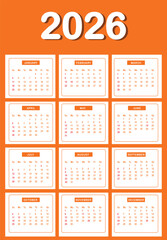Monthly calendar layout for  Year 2026 . Diary planner for Year 2026 . Week Starts on Sunday.  