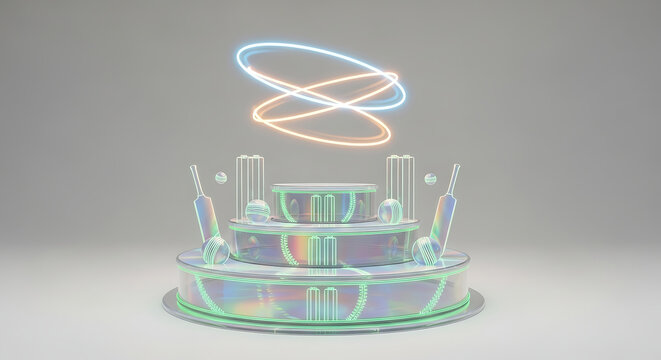 Futuristic holographic stage with neon rings isolated on white background