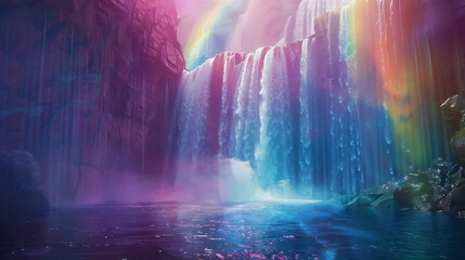 Magical Fantasy Waterfall with Rainbow – Surreal Nature Landscape Background