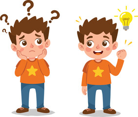 Confused boy thinking with question marks, happy boy having idea with light bulb, cartoon child emotions, creativity, problem solving