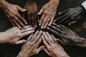 Eight hands of various ethnicities and ages touch each other on a dark-brown table. Scene captures unity and connection in daylight.